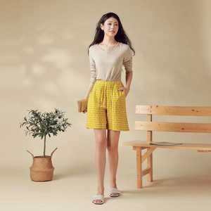 Shorts en coton à pois jaunes pour femmes, taille haute, coupe ample, décontractés, tricotés, respirants, avec poches - Product Image 6