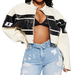 Chaqueta de Motocicleta Personalizada de Cuero Genuino Tejido, Estilo Urbano con Parches Bordados, Corta, para Mujer, Impermeable y Resistente al Viento - Product Image 1