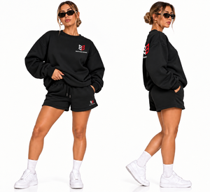 custom logo black fleece sweatshirt <b>shorts</b> set women oversized crewneck pullover tracksuit two piece black sweat <b>short</b> <b>suit</b> sets - Product Image 1