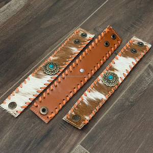 Bracelet de manchette en cuir de vachette véritable fait à la main en gros avec bande réglable de style occidental à bord tressé Concho turquoise - Product Image 6