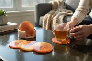 Handmade Epoxy Resin <b>Coaster</b> <b>Set</b> with Stand – Elegant Drink <b>Coasters</b> – Home Decor Gift - Orange - Product Image 6