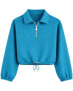 Sweat-shirt court zippé pour femme, bleu ciel, personnalisé par le fabricant, décontracté, avec cordon de serrage à l'ourlet, en molleton doux, coton et polyester - Product Image 1