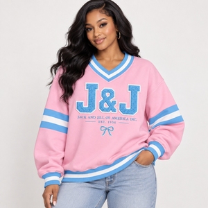 Sweat-shirt universitaire personnalisé JJOA Jack and Jill of America pour femme, col en V, rose et bleu, brodé, vente en gros - Product Image 3