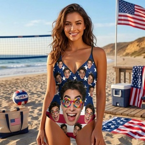 Maillot de bain une pièce pour femme, col en V profond, imprimé, extensible en spandex et polyester, taille haute, motifé, tenue de plage - Product Image 1