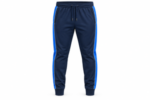 Pantalones Jogger Azules para Hombre con Lavado Ácido, Paneles Laterales Azules, Cintura Elástica con Cordón, Bolsillos con Cremallera, Puños Acanalados, 100% Algodón Ecológico - Product Image 1