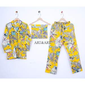 Ensemble de pyjama long élégant pour femme, printemps-été, à porter au quotidien, en coton respirant, doux, de haute qualité, imprimé à la main - Product Image 6