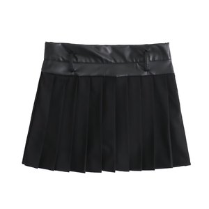 Women's Black Pleated Mini <b>Skirt</b> Faux Leather Waistband Regular Fit All Seasons Solid Design - Product Image 4