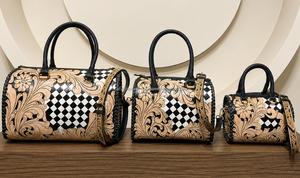 2026 Personalized Stylish Handcrafted Cowhide Leather Speedy Bag Checkered Western Duffel Vintage Travel Handbag for Women - Product Image 4