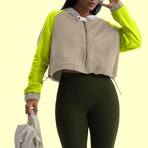 Sweat-shirt à capuche zippé pour femme, color-block, manches longues, en coton tricoté respirant, tenue décontractée d'automne - Product Image 2
