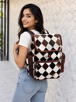Sac à dos unisexe en cuir de vachette souple, design unique, plusieurs poches, motif à carreaux, sac d'école, fermeture éclair