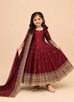 Ensemble de robe Anarkali pour enfants de couleur marron, brodé, style indien pakistanais, avec dupatta, pour mariage et fêtes