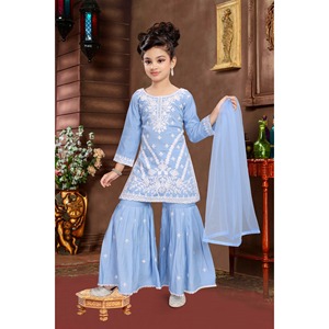 Girls' <b>Chikankari</b> Embroidered Light Blue Sharara <b>Suit</b> Set with Dupatta - Product Image 1