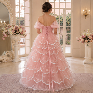 Women's Blush Pink Sweetheart Neckline Off-Shoulder Ball Gown Short Layered Chiffon <b>Skirt</b> Chapel Train Candy Color Pleat - Product Image 4