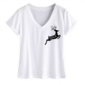 Latest Fashionable Organic Cotton V-Neck Ladies T-Shirt Custom Printed Colored Manufactured India Low Prices Wool Silk Bow - Product Image 1