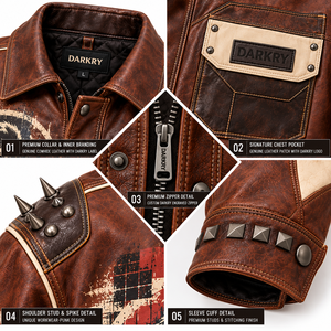 Brown Mens Leather Chore Jacket DJ Gorilla Graphic Spiked <b>Studded</b> Biker Coat Lapel Custom OEM ODM Factory Wholesale Production - Product Image 6