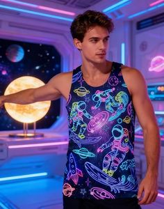 Six Trend Sports Débardeur pour homme style urbain, imprimé néon astronaute spatial, décontracté, respirant, tricoté, col rond, 100% Coton - Product Image 3