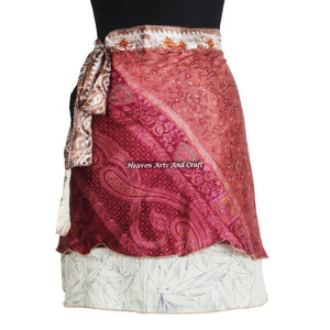 Beach Swimwear Silk Wrap Around Two Layer Reversible Mini Skirt Women's Hippy Silk Sari Magic Wrap Skirt Casual Vintage Style - Product Image 4