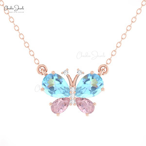 Proveedor Mayorista de Collares con Colgante de Mariposa con Aguamarina en Forma de Pera de 7x5mm y Morganita Rosa, Collar con Diamantes en Oro Fino de 14k - Product Image 2