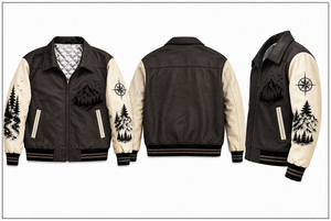Chaqueta Varsity de Cuero Crema para Hombre, Personalizada, con Estampado de Montaña y Bosque, Cierre de Cremallera, Estilo Bomber, Forro Acolchado - Product Image 5