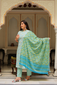 Embroidered Kurti <b>Pant</b> Dupatta Set Cotton Floral Green Mandarin Collar <b>Three</b> <b>Quarter</b> Sleeve Plus Size Women Ethnic Wholesale - Product Image 4