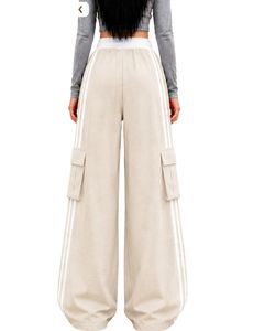 Pantalon cargo ample beige sur mesure pour femme avec bandes latérales blanches, taille haute, coupe décontractée, style streetwear - Product Image 2