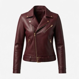 Chaqueta de Motociclista de Cuero Genuino para Mujer, Corte Ajustado, Manga Larga, Cierre de Cremallera, Cuello Extendido, Ropa de Abrigo para Otoño - Product Image 1