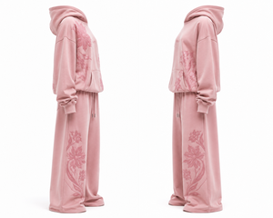 Ensemble de survêtement de luxe pour femme, rose poudré, à motif floral, avec sweat à capuche oversize et pantalon large, en molleton premium, OEM ODM, personnalisable, style streetwear - Product Image 2