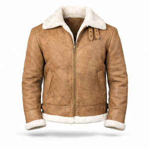 Men's Tan Winter Genuine Leather Streetwear Waterproof Windproof Eco-Friendly Breathable Turn-down Collar Classic Bomber <b>Jacket</b> - Product Image 1