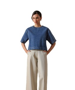 Top Corto de Mezclilla para Mujer, Cuello Redondo, Manga Corta, Corte Holgado, Color Sólido, Casual, Primavera Verano, 100% Algodón Tejido - Product Image 1