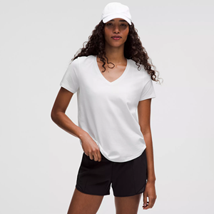 Wholesale Breathable Summer <b>V</b> <b>Neck</b> Casual Gym <b>Tops</b> Fitness Curved Hem Yoga Shirts Jersey Solid 100% Cotton Workout <b>Women</b> T-Shirt - Product Image 1