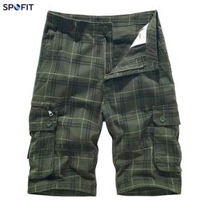 Shorts cargo tricotés à jambe droite pour hommes, style décontracté, motif uni à carreaux, cinq poches, taille mi-haute, vente en gros - Product Image 1