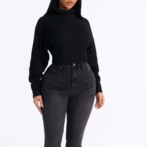 Custom <b>Women's</b> <b>Black</b> Turtleneck Chunky Knit Cropped Sweater <b>Long</b> <b>Sleeve</b> Ribbed Knit Pullover Casual Fall <b>Top</b> - Product Image 1