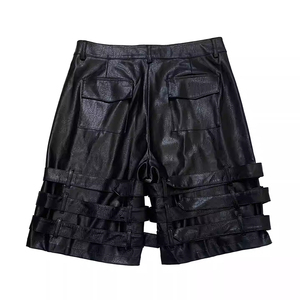Men's Black PU Leather Bermuda Shorts With Buckle Straps Gothic Style Mid Waist Button Fly - Product Image 4