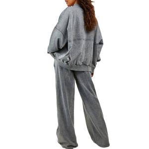 Conjunto de dos piezas de chándal oversize de felpa francesa con capucha, lavado ácido, estilo casual de invierno para mujer, ecológico y de corte holgado acampanado. - Product Image 2