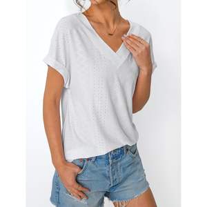 2025 camisetas con cuello en V para mujer, bonitas camisetas informales de verano y primavera, bordado de ojales, moda de vacaciones en la playa, ropa transpirable XS - Product Image 3