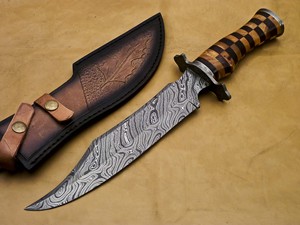 Couteau de chasse à dépecer en acier Damas OEM DIY, manche en acier inoxydable, lame pleine longueur, pointe tombante, bord dentelé, haute durabilité - Product Image 1