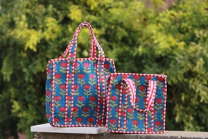 Ensemble de sacs fourre-tout matelassés faits main et pochettes, en coton imprimé indien, sac de voyage esthétique à motif floral avec fermeture éclair, pour l'été et l'automne, trousse de toilette pour femme - Product Image 4