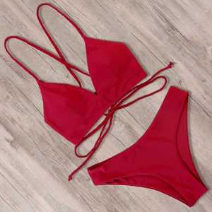 Women's Pink Bikini Set Crossed Halter Top Tie Side Bottom <b>Thong</b> Swimwear Stretch Spandex Polyester Solid Color - Product Image 3