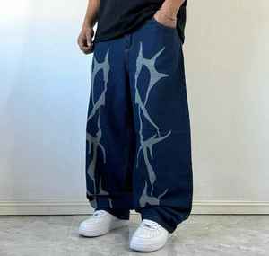 <b>Men's</b> Denim Harem Pants Elastic Waist Discharge Printed Street Style Breathable Midweight Cotton Canvas Blue Patterned Spring - Product Image 1