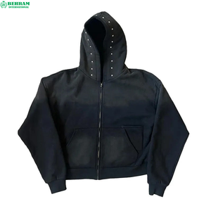 Sweat à capuche zippé pour homme de qualité supérieure, logo personnalisé, 350 GSM, avec strass et effet délavé à l'acide, coupe courte - Product Image 1