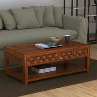 Table console en teck massif de haute qualité avec une finition brun foncé et deux tiroirs, conçue pour une utilisation dans le salon.