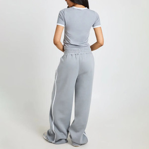 Factory Made Loose Fit Women's Gray Two-Piece Sporty <b>Set</b> Short Sleeve Crop Top With Wide Leg Pants Summer Breathable <b>Knitted</b> <b>Set</b> - Product Image 2