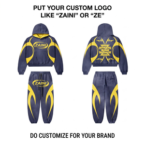 ZAINI Premium 300g Polyester Breathable <b>Knitted</b> Windbreaker Suit Navy Yellow Custom Heat-Transfer Printed Logo Hoodie <b>Set</b> Men - Product Image 1
