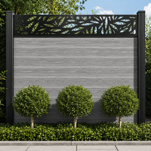 Modern Garden Privacy Fence With Grey Wood Panel Black <b>Leaf</b> Cutout Top Outdoor Boundary Wall Decorative <b>Screen</b> Furniture - Product Image 3