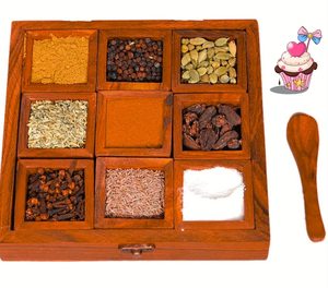 Caja de madera para especias con tapa de vidrio y seis compartimentos para hierbas y especias, diseño tradicional tallado. - Product Image 3