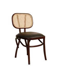 Chaise de salle à manger en bois de mahogany massif et rotin avec siège rembourré en cuir PU noir pour la maison, la villa, l'appartement et l'hôtel - Product Image 3