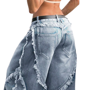 Jean en denim ample et respirant pour femme, coupe haute et large, style vintage délavé aux enzymes, bords effilochés, coupe décontractée, streetwear, longueur complète - Product Image 4