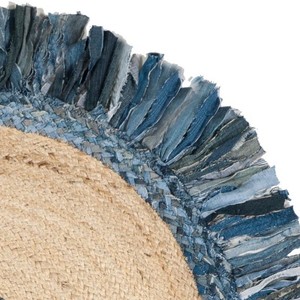 Tapis rond bohème en jute avec franges bleues, fait main, écologique, décoration de salon - Product Image 4