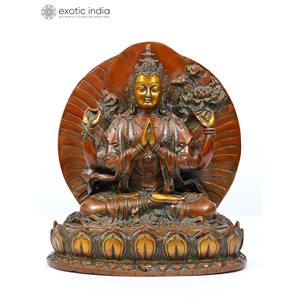 9" พระพุทธรูปทิเบตสี่แขน เชนเรซิก รูปปั้นทองเหลือง พระอวโลกิเตศวรา งานแกะสลักแปลกตา อินเดีย DDM382 - Product Image 1