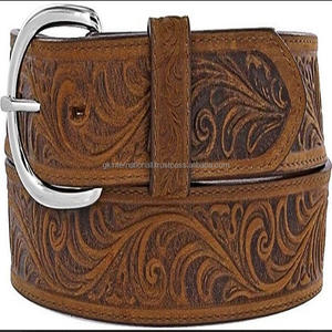 Ceinture en cuir à plis naturels, boucle tressée en laiton massif, solide et durable avec design floral - Product Image 1